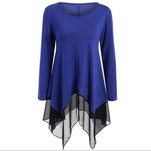 Asymmetrical Shark Hem Lace Mesh Tunic Blouse